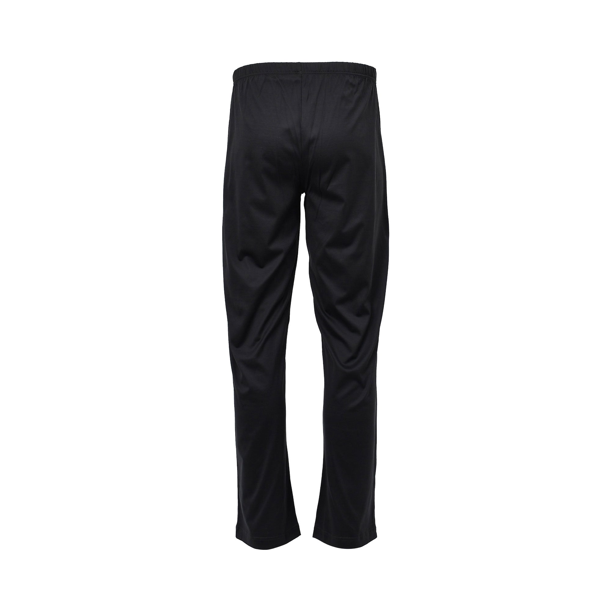 Back view of solid black pyjama pants with an elastic waistband and straight legs.