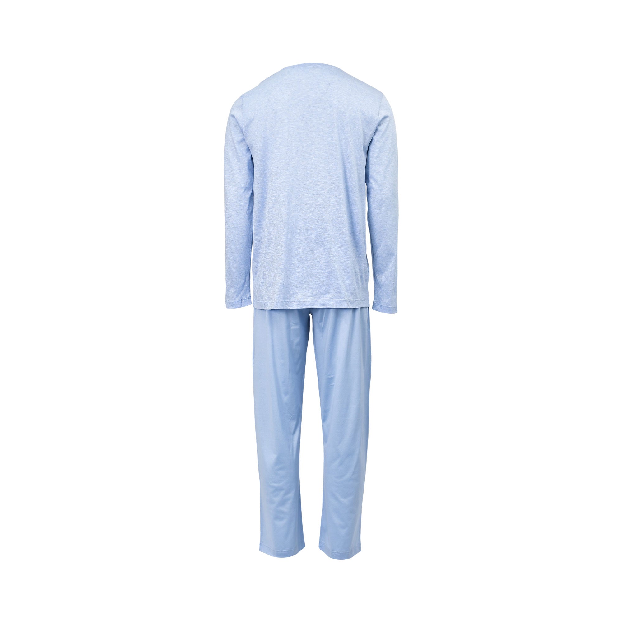 Light blue two-piece pajama set, back view. Heathered long-sleeved top with crew neck and smooth long pants.