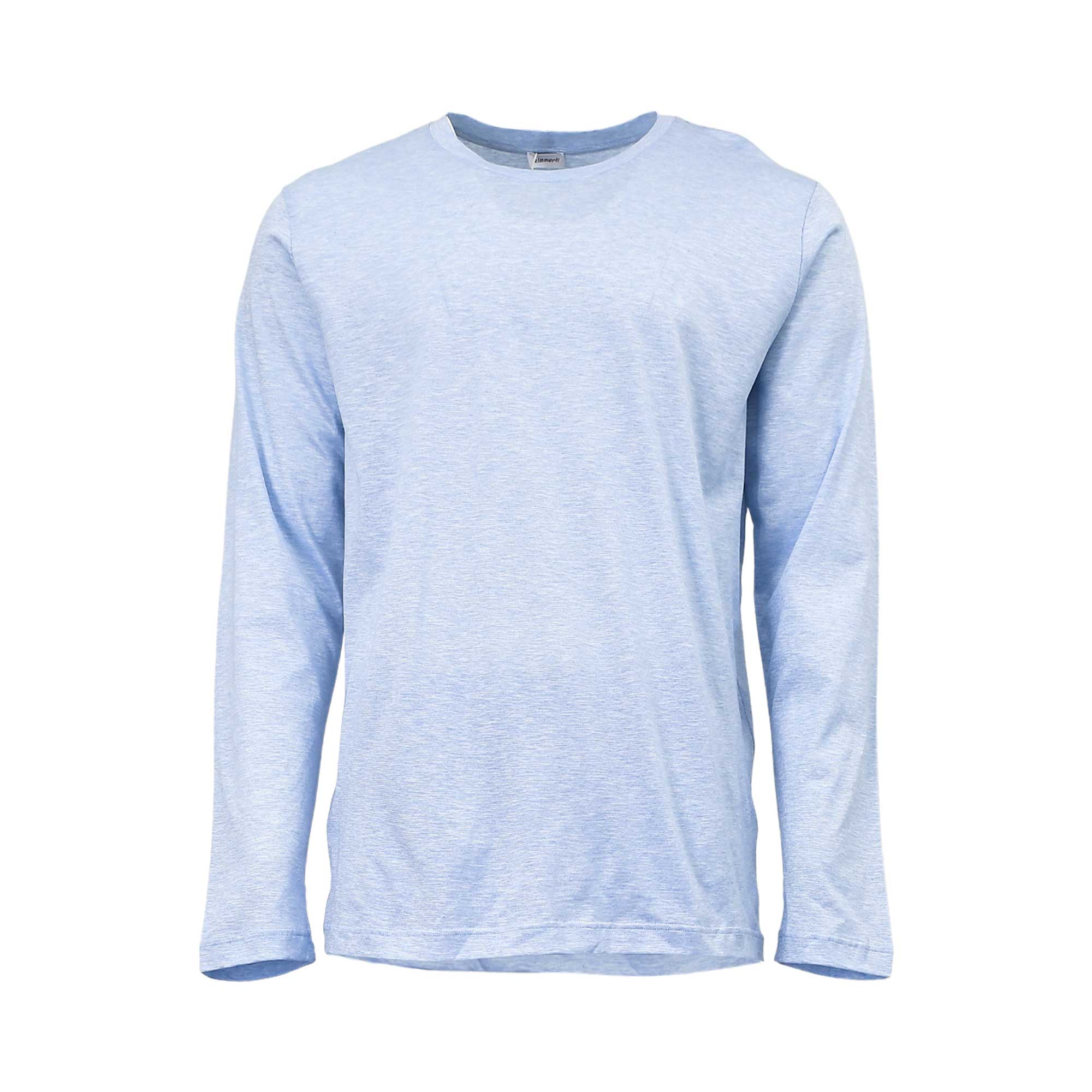 Light blue heathered long-sleeved crew neck top with a straight hem.