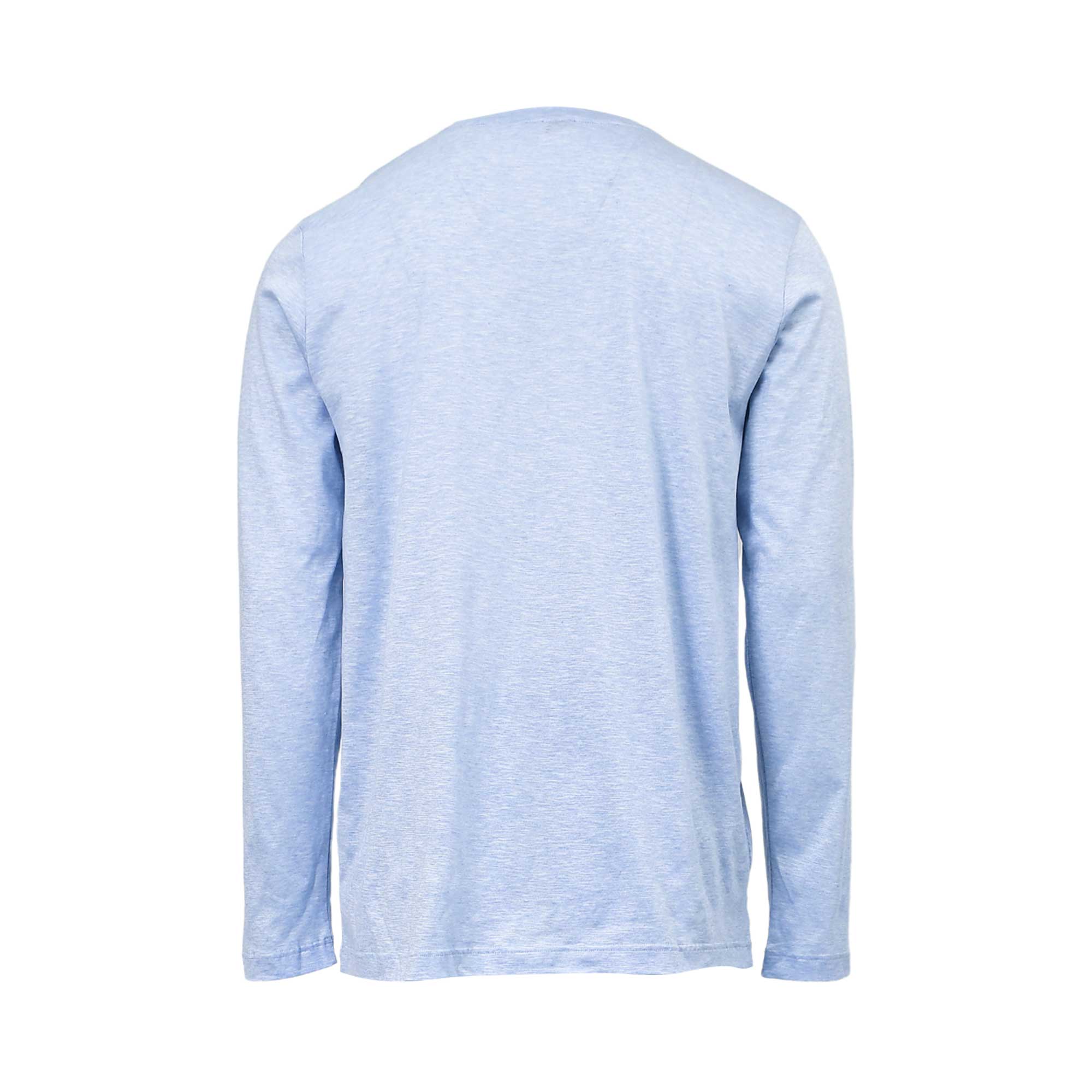 Light blue long-sleeved pyjama top with a round neck and heathered texture, seen from the back.