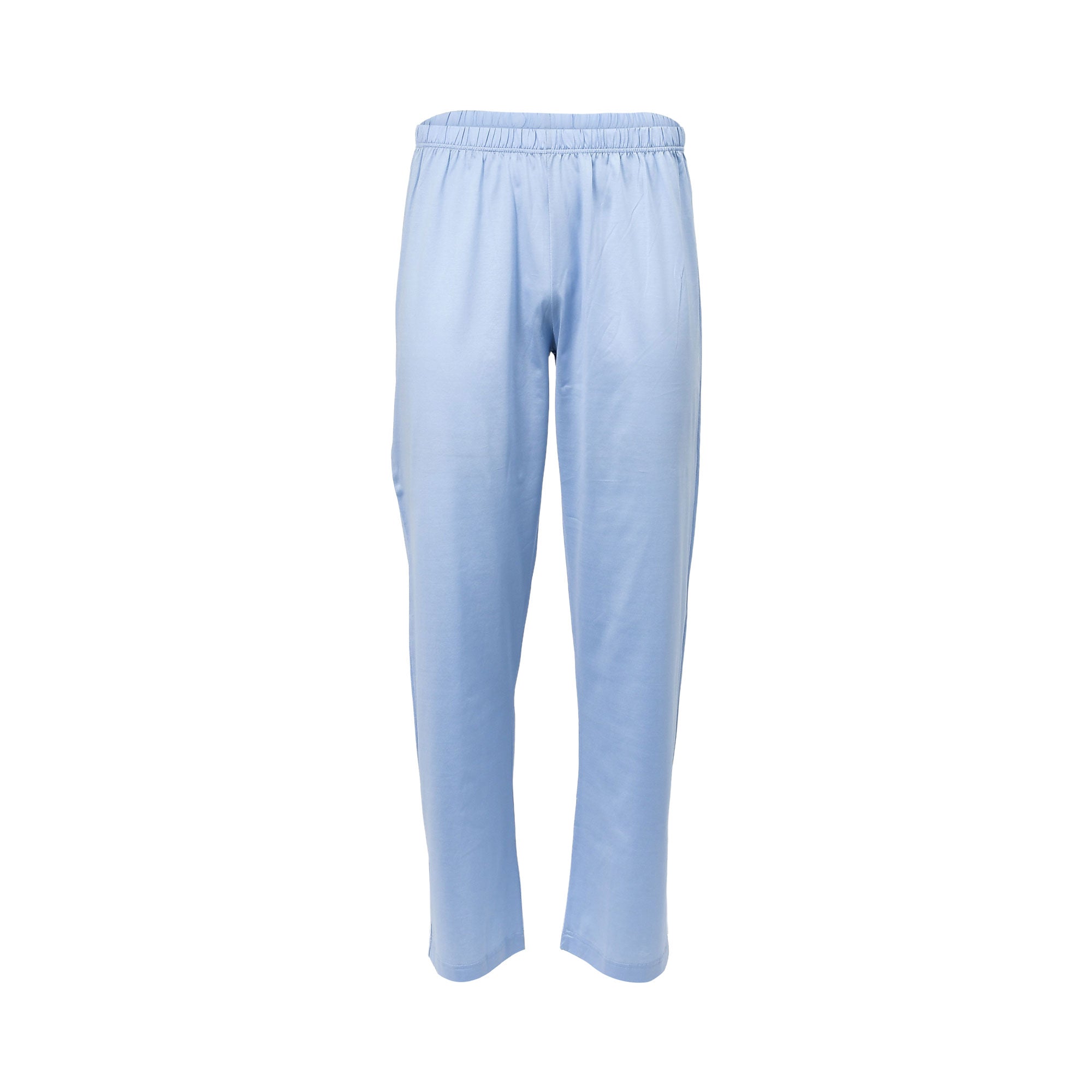 Light blue long pajama pants with a gathered elastic waistband and straight legs, made of soft material.