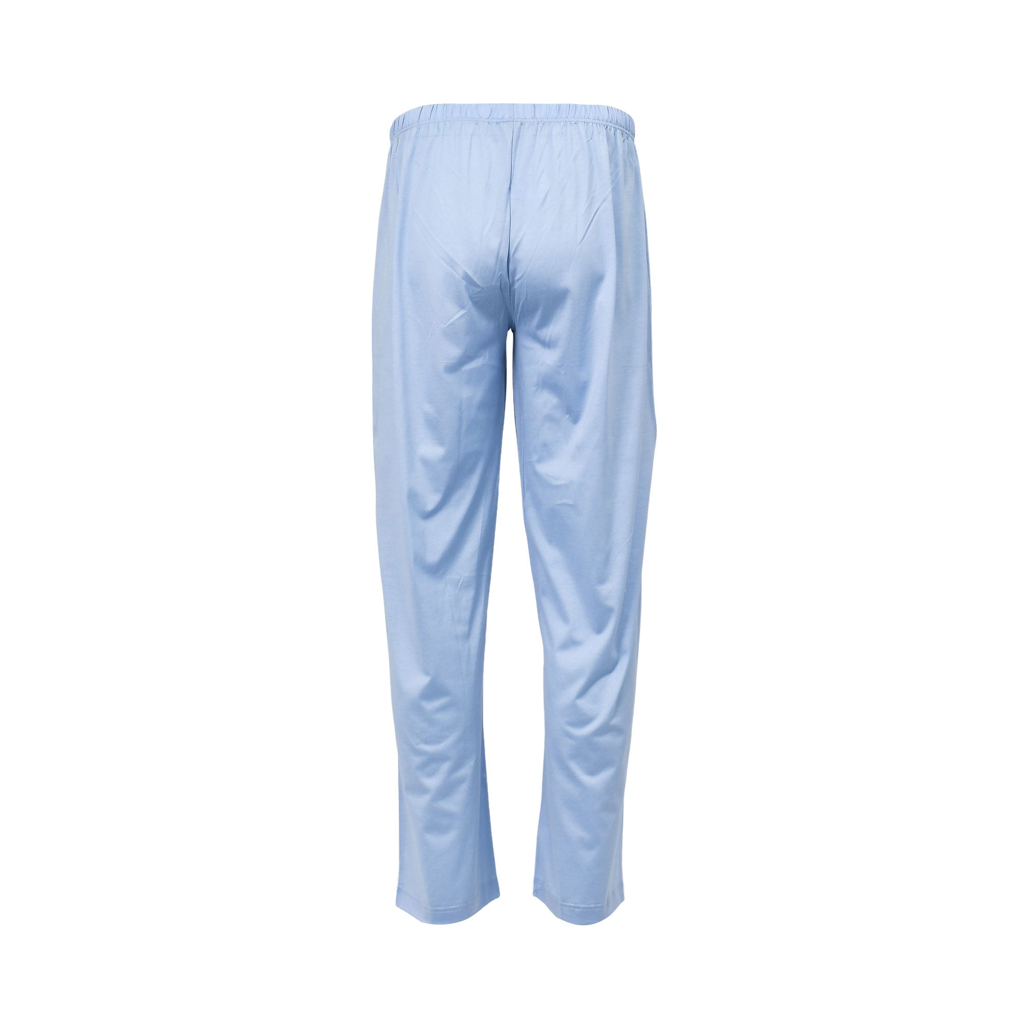 Light blue pajama pants with an elasticated waist and long, straight legs, viewed from the back.