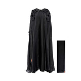 Front view of the ZAWJA black abaya set showing the 3D floral embellishments on the shoulders and the matching sheer scarf.