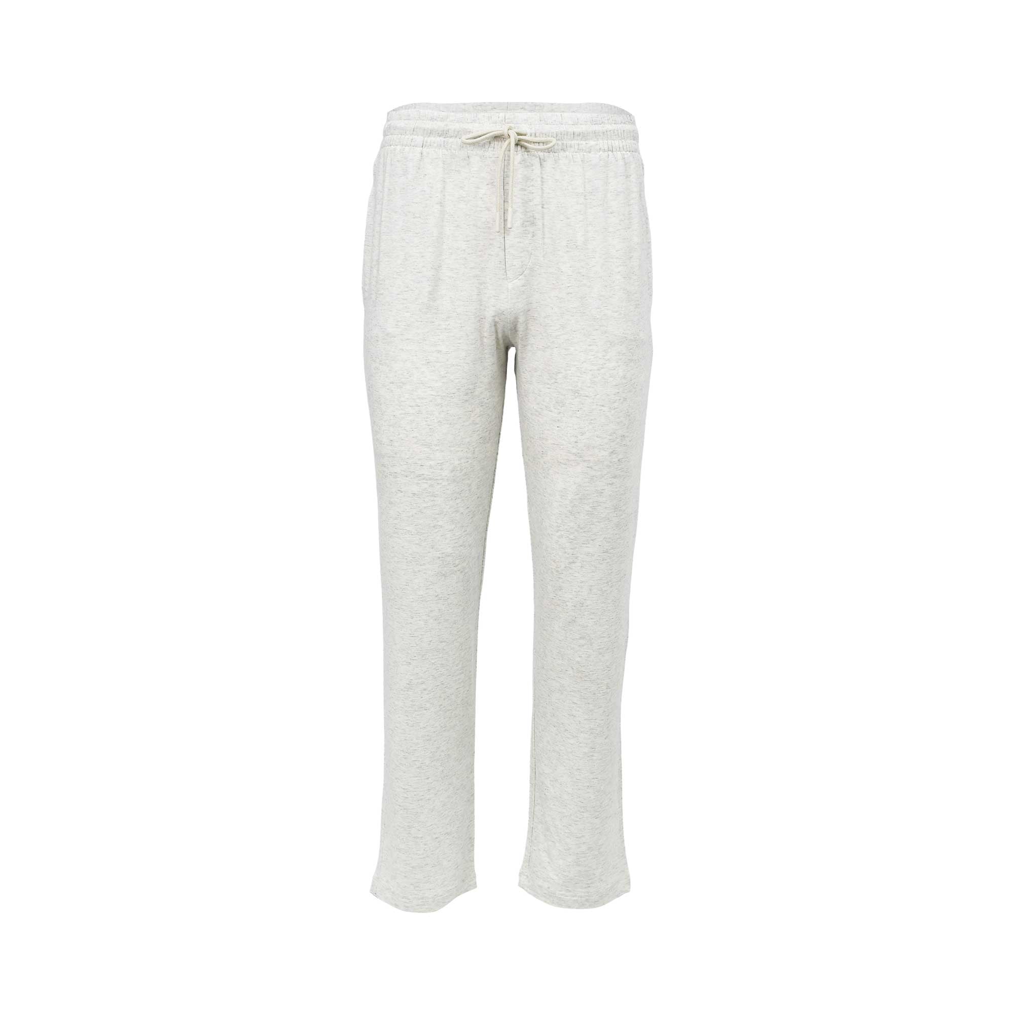 Front view of of Zimmerli men's cloud lounge pants featuring an elastic waistband, external drawstring, side pockets, and a relaxed straight-leg silhouette against a solid white background.