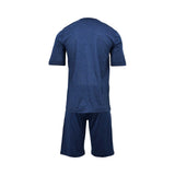 Back view of the Zimmerli men's navy cotton pajama set displaying the clean drape of the short-sleeve shirt and the elasticated waist of the shorts against a white background.