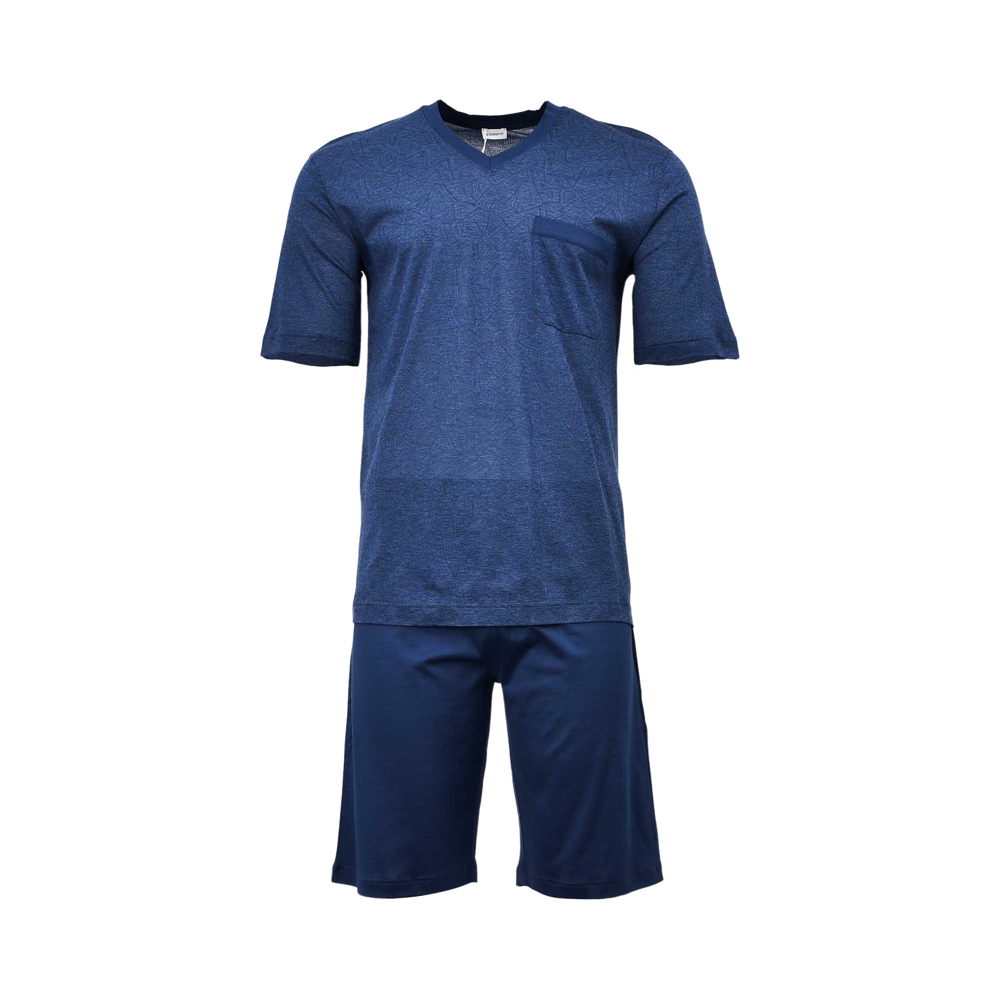 Front view of a Zimmerli men's two-piece pajama set featuring a navy V-neck t-shirt with a trimmed chest pocket and coordinating solid slate grey lounge shorts against a white background.