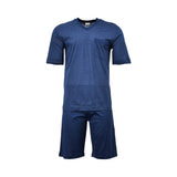 Front view of a Zimmerli men's two-piece pajama set featuring a navy V-neck t-shirt with a trimmed chest pocket and coordinating solid slate grey lounge shorts against a white background.