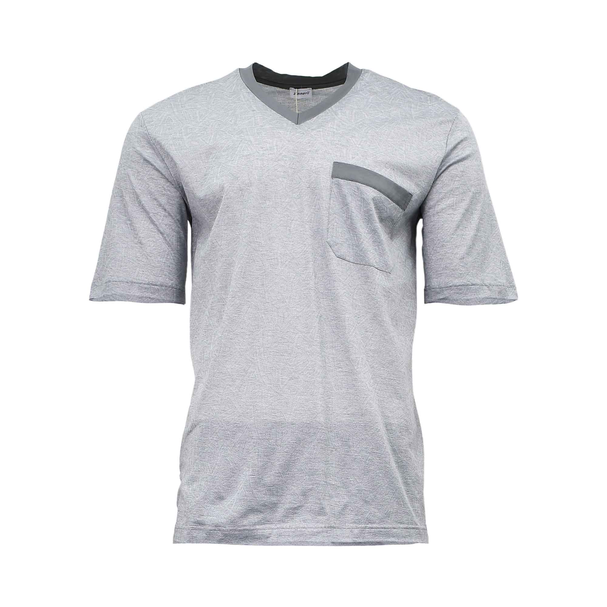 Close-up front view of the light grey melange Zimmerli V-neck pajama shirt showing the dark grey collar trim and accented chest pocket against a white background.