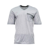 Close-up front view of the light grey melange Zimmerli V-neck pajama shirt showing the dark grey collar trim and accented chest pocket against a white background.