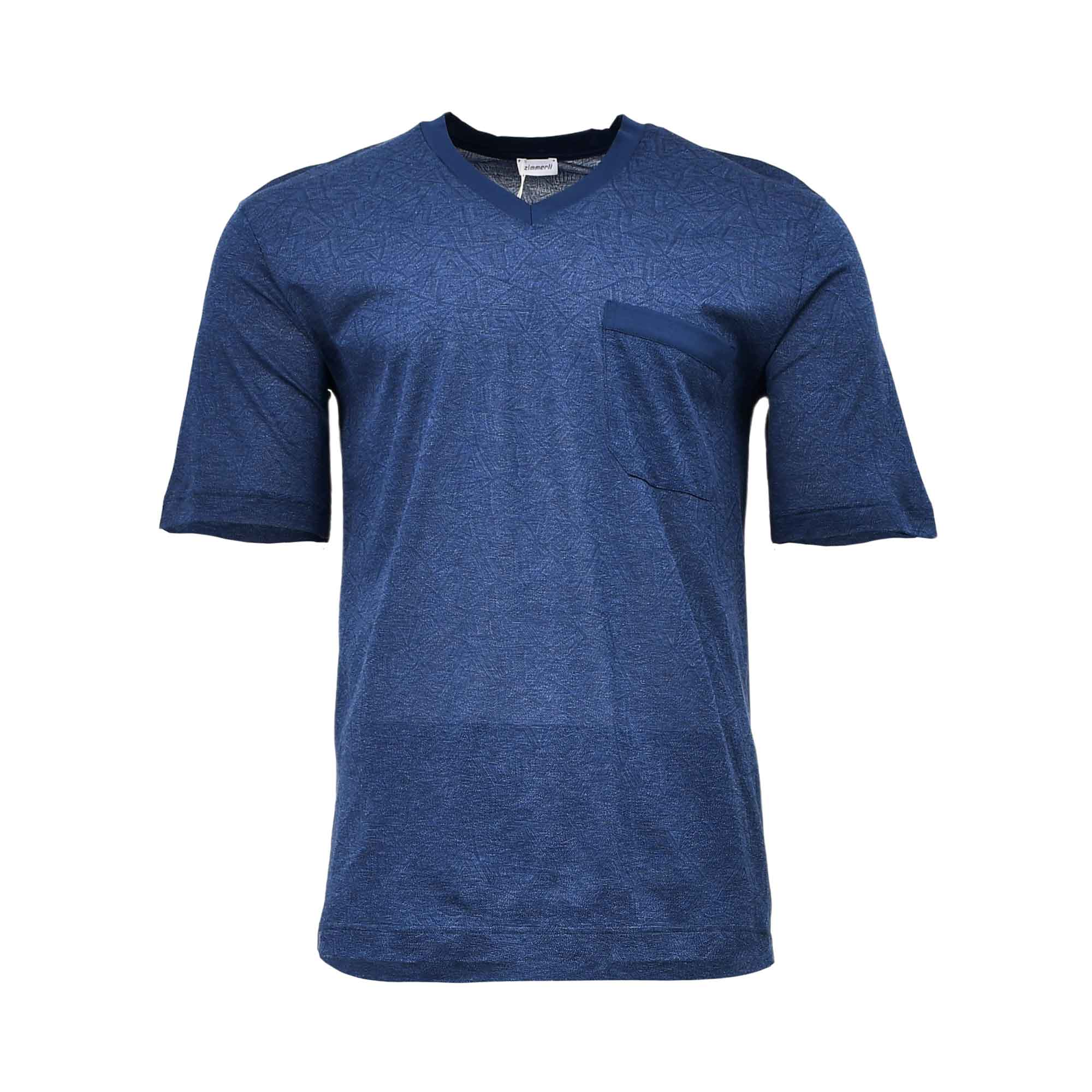 Close-up front view of the navy Zimmerli V-neck pajama shirt showing the dark grey collar trim and accented chest pocket against a white background.