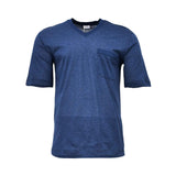 Close-up front view of the navy Zimmerli V-neck pajama shirt showing the dark grey collar trim and accented chest pocket against a white background.