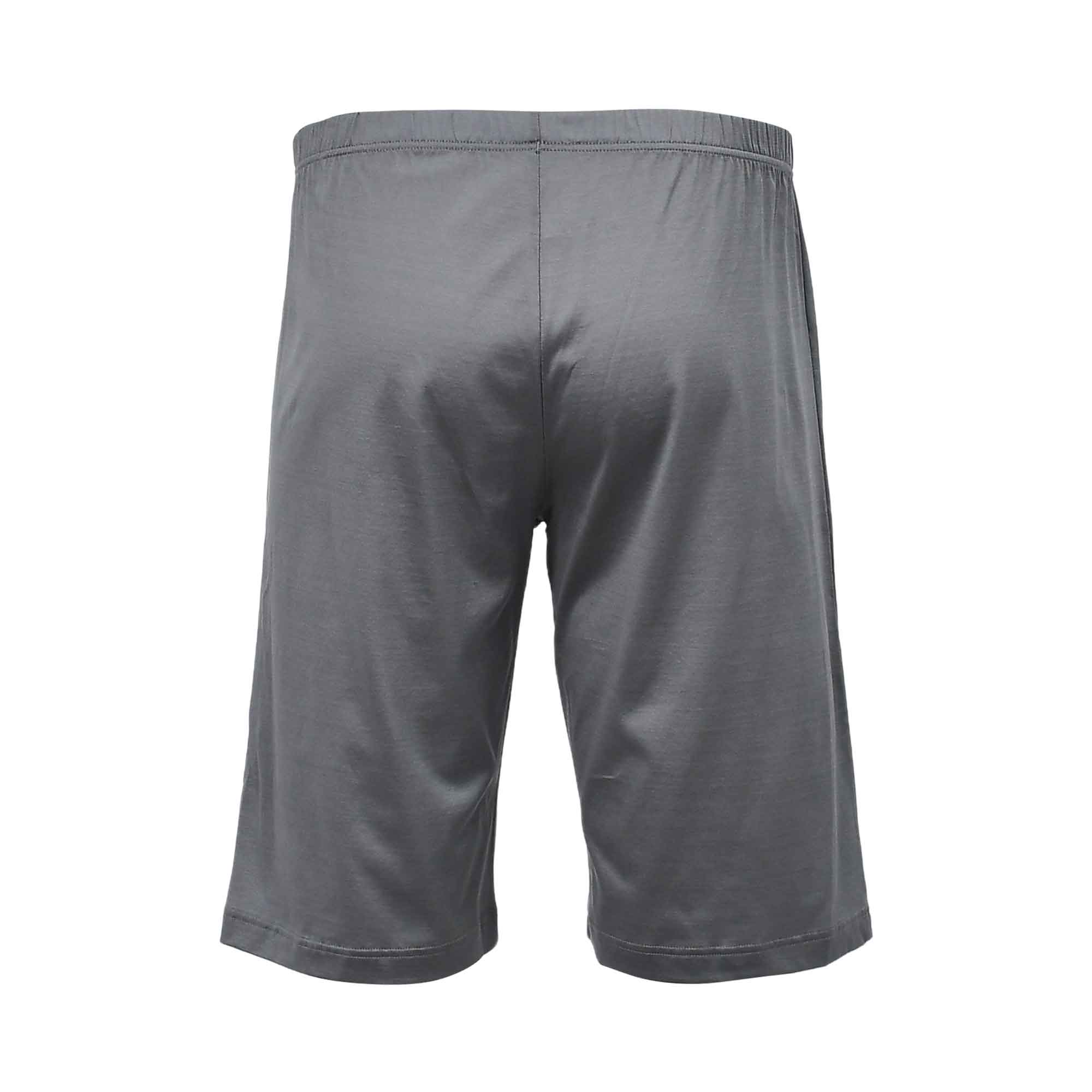 Rear view of the solid slate grey Zimmerli lounge shorts highlighting the elastic waistband and durable hem stitching against a white background.