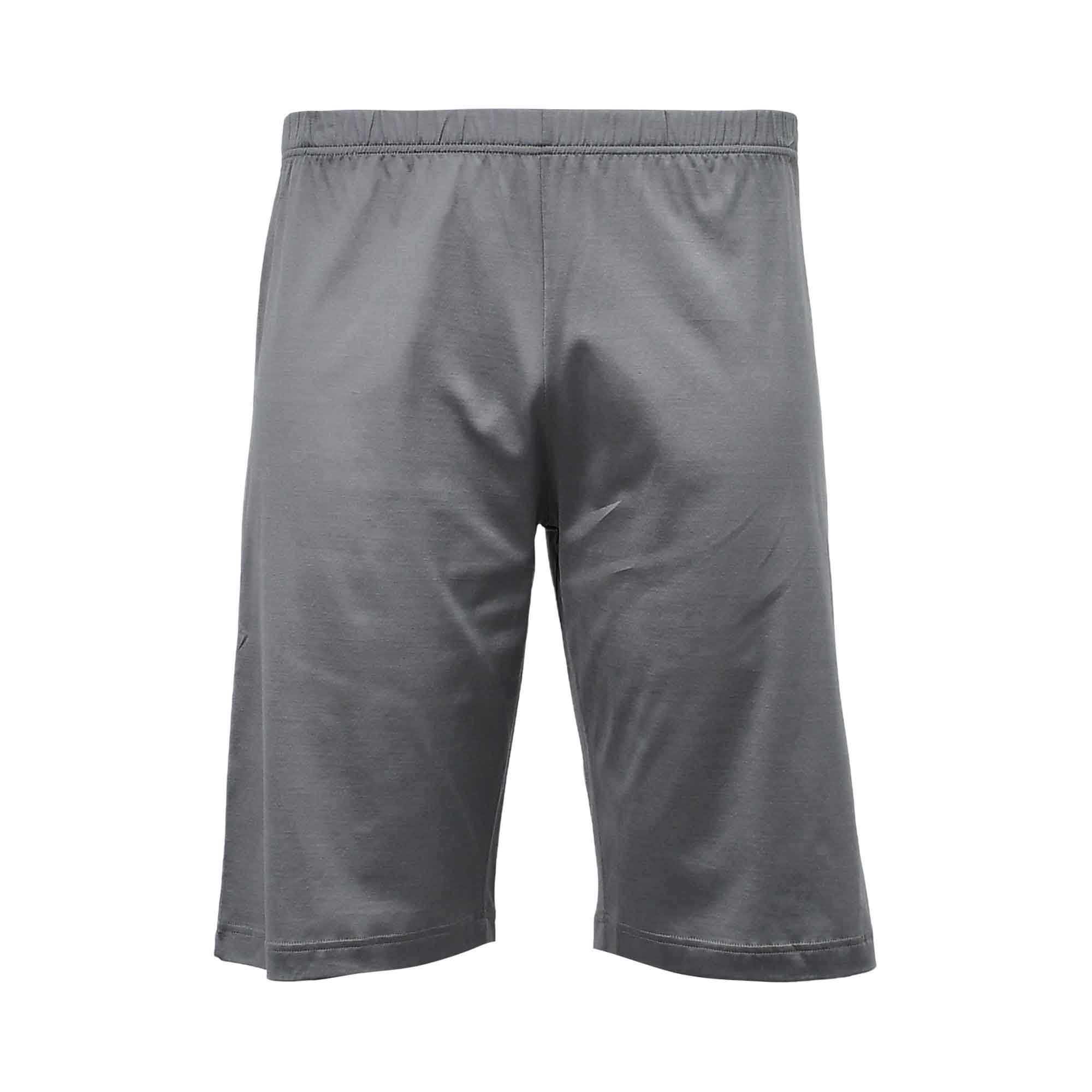 Front view of the solid slate grey Zimmerli lounge shorts showcasing the smooth fabric finish and comfortable elastic waistband against a white background.