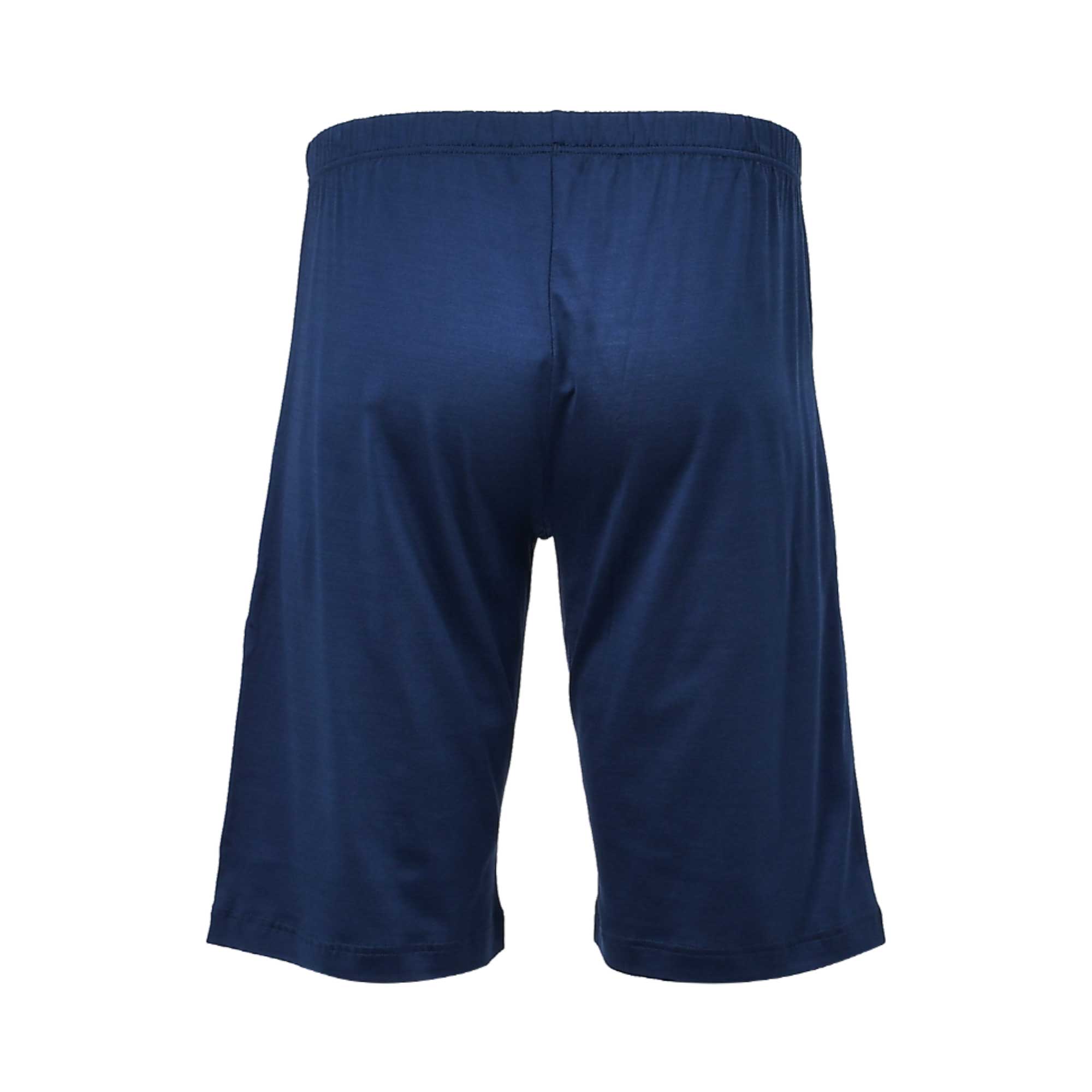 Rear view of the solid slate navy Zimmerli lounge shorts highlighting the elastic waistband and durable hem stitching against a white background.