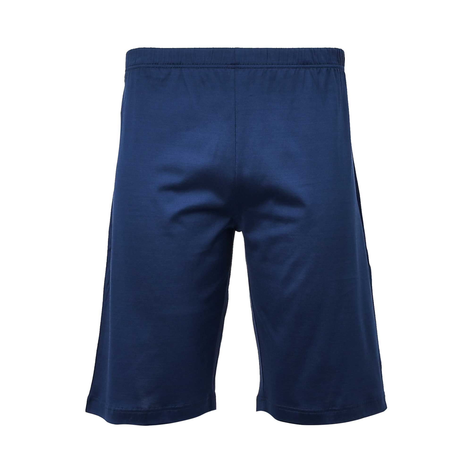 Front view of the solid slate navy Zimmerli lounge shorts showcasing the smooth fabric finish and comfortable elastic waistband against a white background.