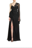 Zuhair Murad black asymmetric chiffon evening gown featuring a single sheer sleeve, floral lace inserts, and a high leg slit available at BLUE SALON.