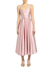 Zuhair Murad pastel pink structured satin midi dress with a square neckline, pleated skirt, and matching waist belt available at BLUE SALON.