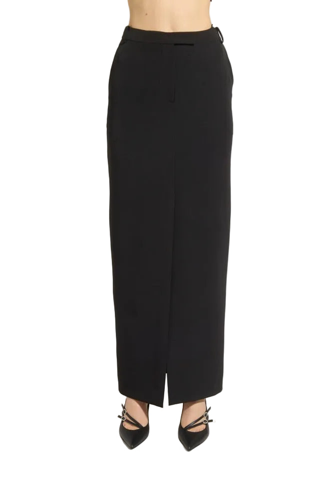 Zuhair Murad black tailored cady maxi skirt with a concealed waistband closure and a center-front slit detail available at BLUE SALON.