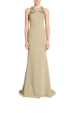 Zuhair Murad beige cady halter neck maxi gown featuring opulent gold crystal and bead embroidery at the shoulders available at BLUE SALON.