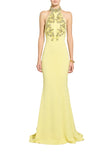 Zuhair Murad pastel yellow halter neck cady maxi gown featuring opulent crystal-embellished bodice detailing available at BLUE SALON.