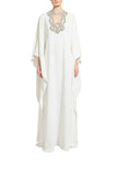 Zuhair Murad white cady maxi kaftan dress featuring an intricate silver crystal-embellished bib neckline and flowing batwing sleeves available at BLUE SALON.