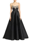 Zuhair Murad black Mikado silk evening ballgown featuring an intricate silver crystal-embellished sweetheart bodice available at BLUE SALON.