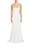 Zuhair Murad white cady maxi evening gown with a finely ruched sweetheart neckline and opulent silver crystal-embellished straps available at BLUE SALON.