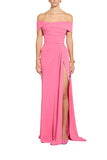 Zuhair Murad bubblegum pink off-the-shoulder cady evening gown featuring a pleated draped bodice and a high front leg slit detail available at BLUE SALON.