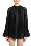 Discover this black Zuhair Murad chiffon blouse, featuring an elegant mandarin collar, exquisite plissé pleating, and flowing bishop sleeves at Blue Salon.
