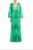 Zuhair Murad emerald green plissé pleated maxi kaftan dress with a plunging V-neckline and dramatic wide batwing sleeves available at BLUE SALON.