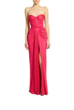Zuhair Murad fuchsia pink strapless ruched evening gown featuring a high front leg slit and a beautifully draped sweetheart bodice available at BLUE SALON.