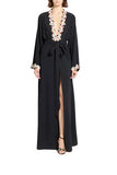 Zuhair Murad black cady maxi kaftan dress featuring a plunging deep V-neckline with vibrant multi-colored seashell embellishments available at BLUE SALON.