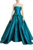 Zuhair Murad teal strapless Mikado silk ballgown featuring a draped bodice, central front bow accent, and a pleated voluminous skirt available at BLUE SALON.