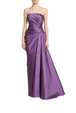 Zuhair Murad purple strapless Mikado silk evening gown featuring an intricately pleated bodice and asymmetric draped waist detail available at BLUE SALON.