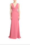 Zuhair Murad rose pink sleeveless cady evening gown featuring a plunging V-neckline and an intricately draped crisscross waistband available at BLUE SALON.