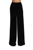 Zuhair Murad black velvet wide-leg trousers featuring a high waist, concealed front closure, and a fluid tailored drape available at BLUE SALON.