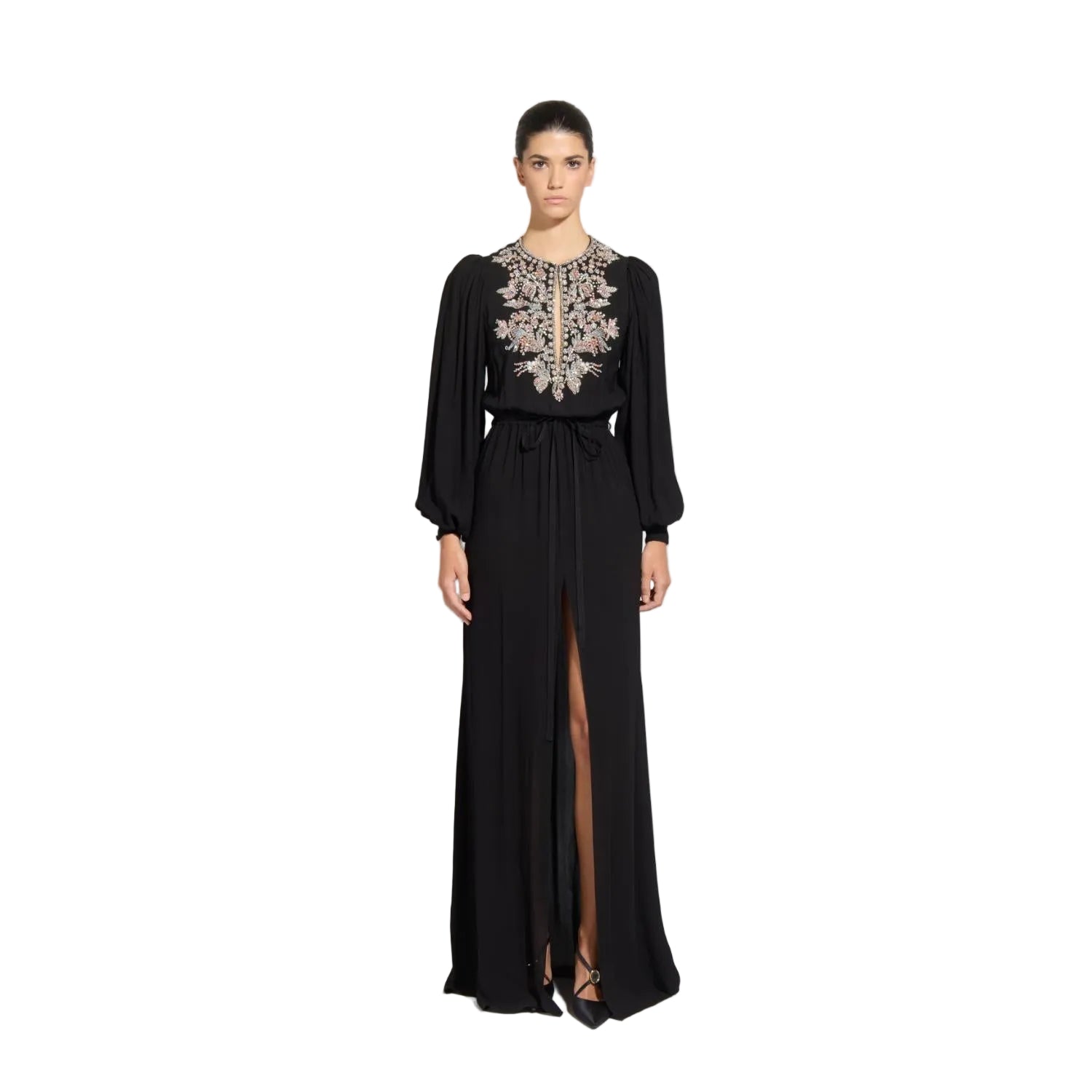 Front studio portrait of a model presenting the full-length black Zuhair Murad evening gown with its ornate crystal-embellished bodice and tied waist, available at the BLUE SALON.