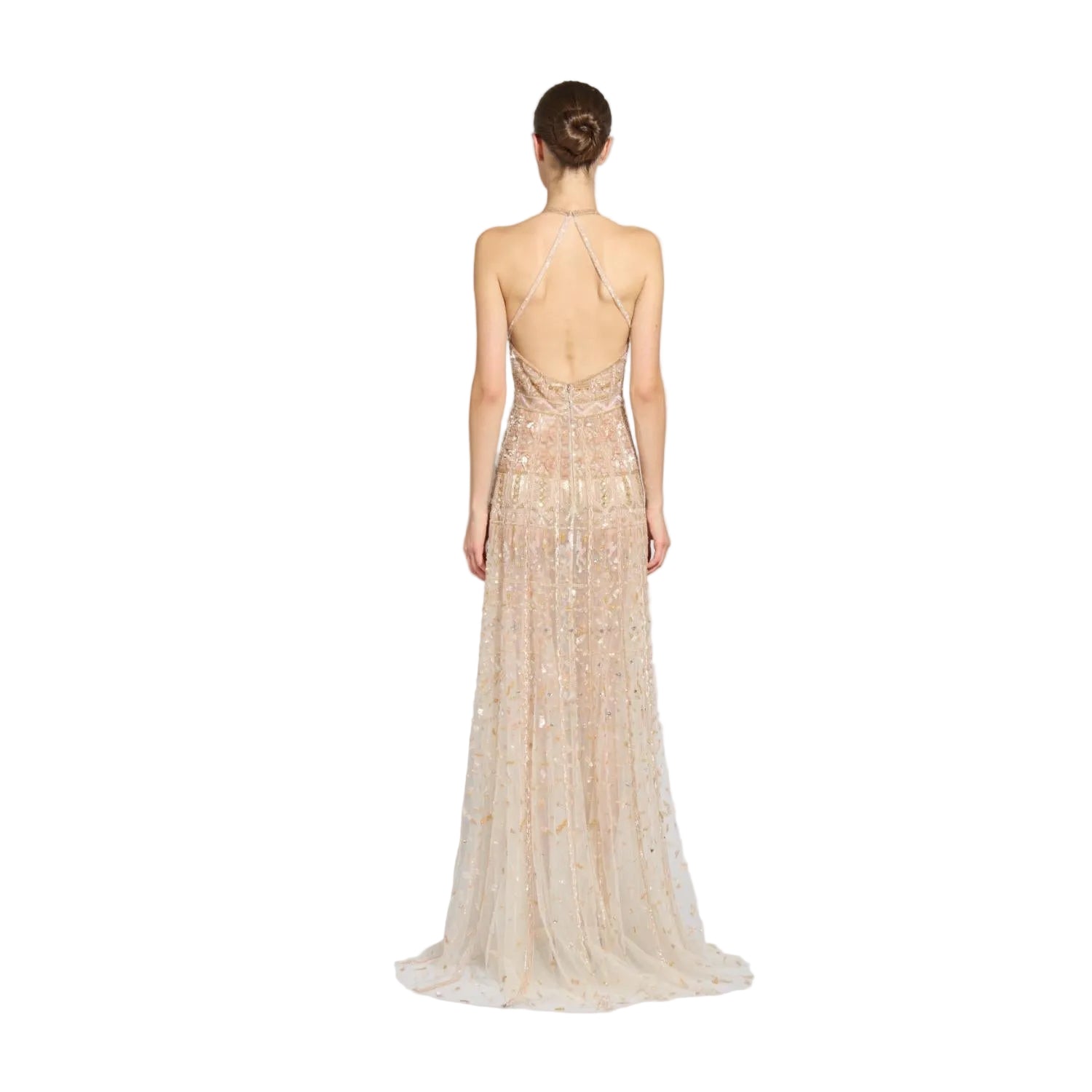 Rear view studio shot of a model showing the open back, criss-cross strap detailing, and floor-sweeping pooling hem of the Zuhair Murad champagne gold embellished tulle gown, available at the BLUE SALON .