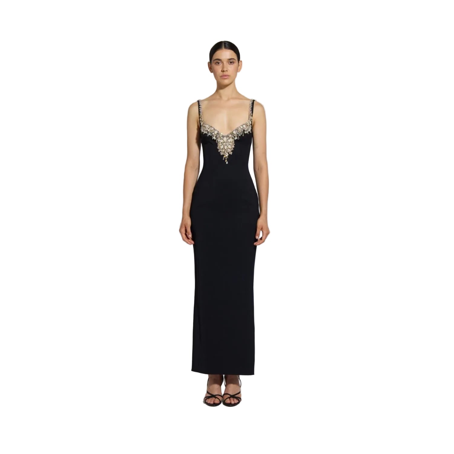 Front studio portrait of a model wearing the sleek black Zuhair Murad crepe column gown featuring an intricate crystal and pearl bib neckline, from the BLUE SALON shop.