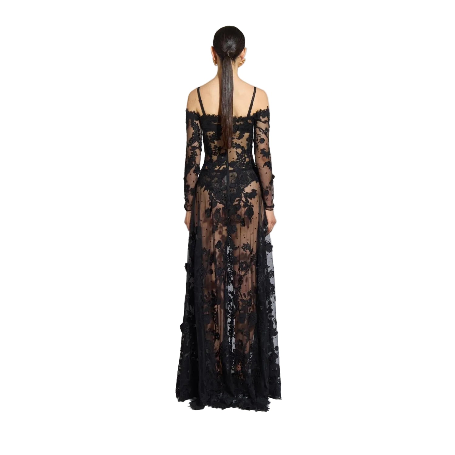 Rear view studio shot of a model showing the back details, long sleek ponytail, and center zip closure of the sheer black Zuhair Murad floral lace gown, available at the BLUE SALON shop.
