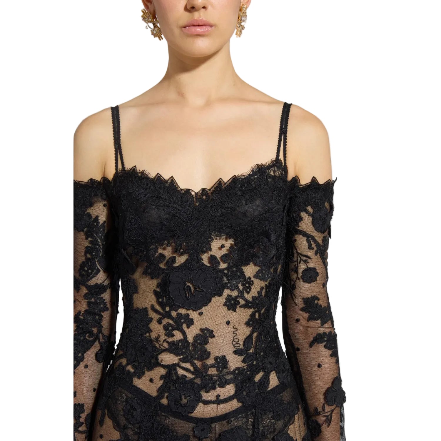 Black lace dress with long sleeves on a neutral background.