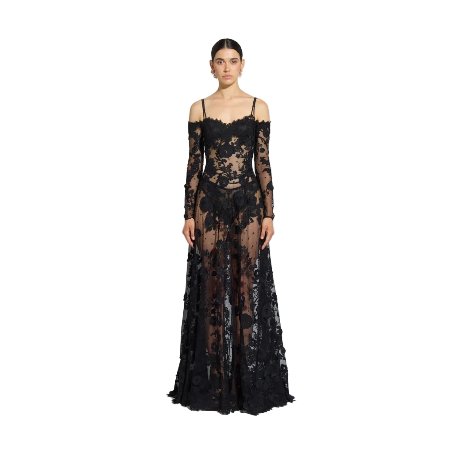 Front studio portrait of a model showcasing the sheer black Zuhair Murad off-the-shoulder evening gown with intricate floral lace appliqués, from the BLUE SALON shop.
