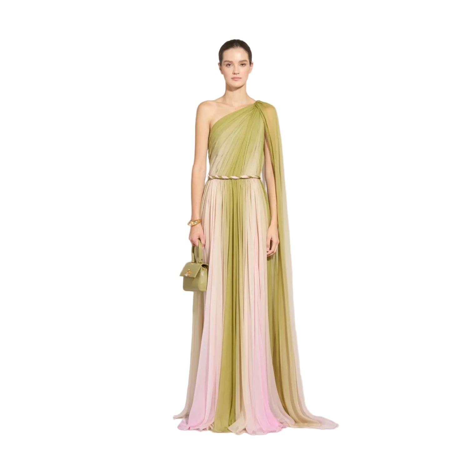 Front studio portrait of a model showcasing the one-shoulder olive and pink ombré pleated chiffon Zuhair Murad gown with an attached cape, available at the BLUE SALON.