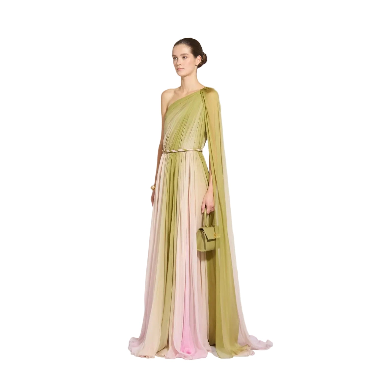 Three-quarter length studio presentation of a model wearing the Zuhair Murad one-shoulder olive multi-gradient chiffon gown while holding a structured sage green mini handbag.