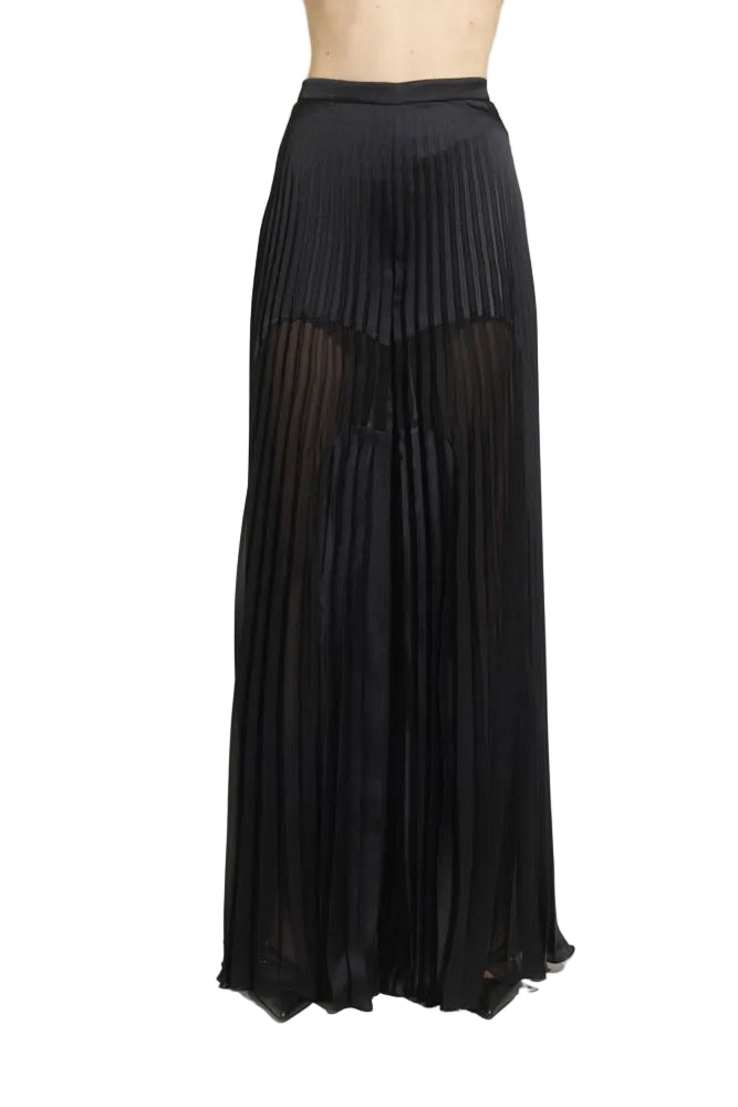 Zuhair Murad black high-waisted wide-leg trousers featuring sharp plissé pleats and sheer chiffon leg panels available at BLUE SALON.