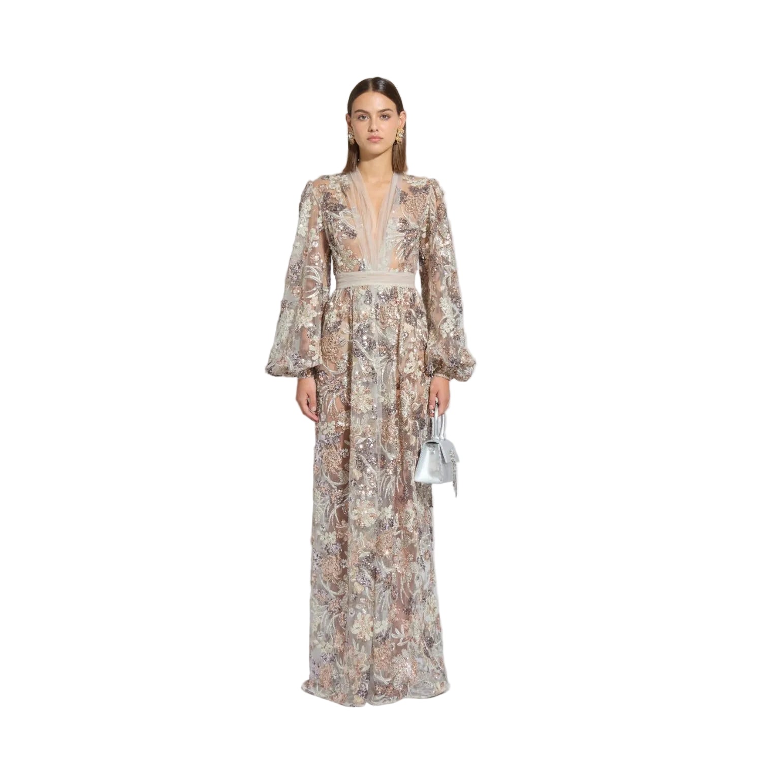 Front studio portrait of a model wearing the shimmering Zuhair Murad rose gold sequin-embellished floral tulle gown with long bishop sleeves, from the BLUE SALON shop.