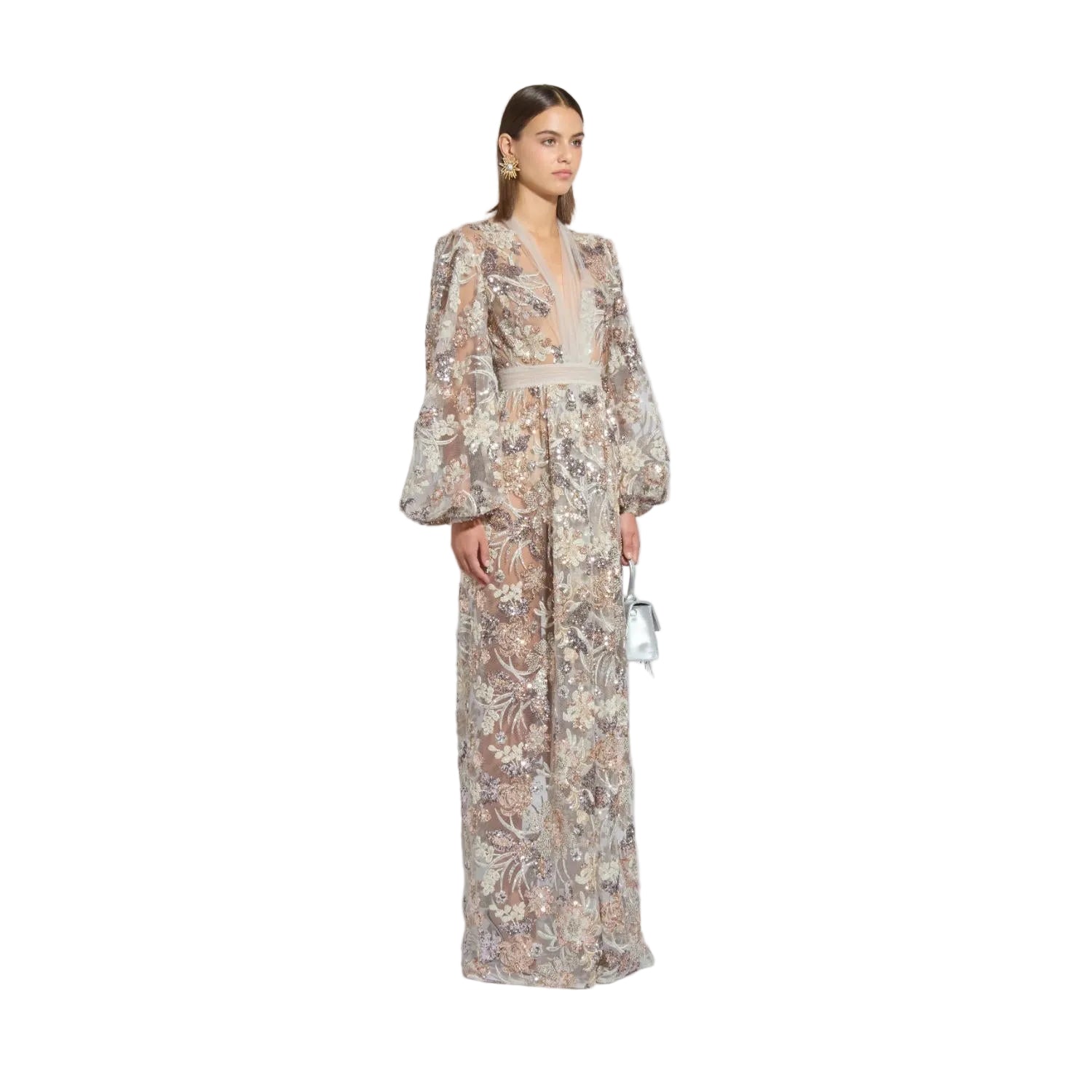 Three-quarter studio view of a model showcasing the intricate metallic embroidery, plunging neckline, and flowing silhouette of the Zuhair Murad rose gold tulle evening gown, available at the BLUE SALON shop.