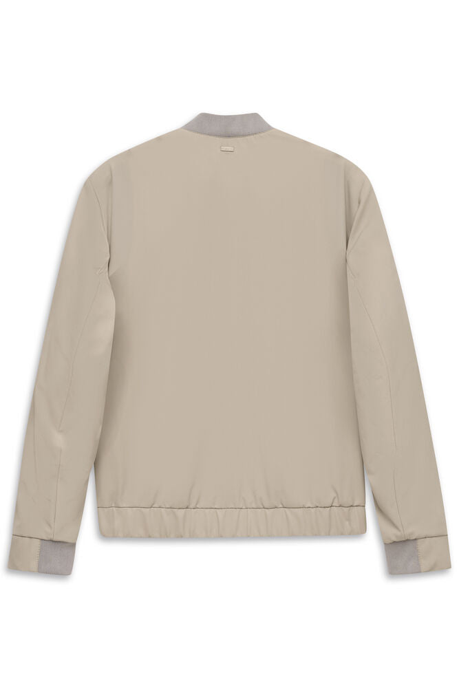 Beige blouson jacket with smooth fabric, featuring a light grey ribbed stand-up collar, cuffs, and hem. Back view.