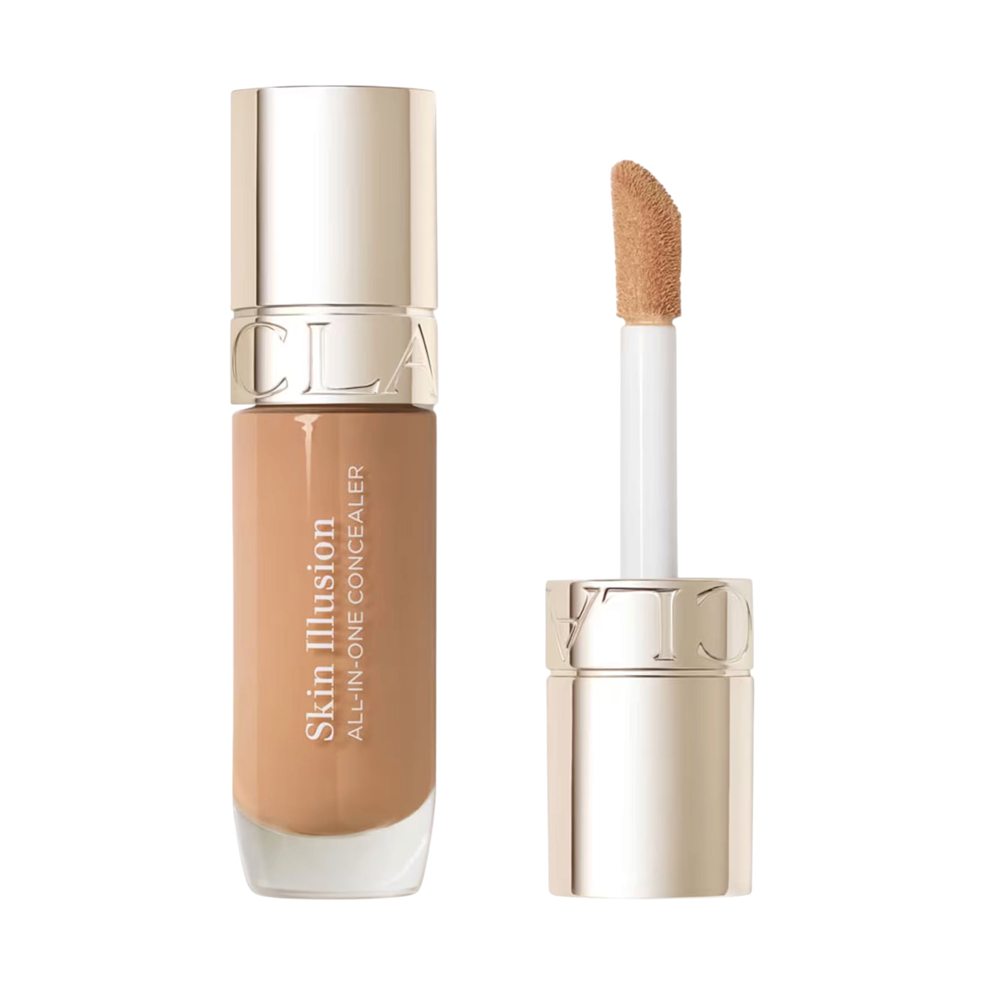 Clarins Skin Illusion All-in-One Concealer in a medium beige shade, with a gold-toned cap and doe-foot applicator.