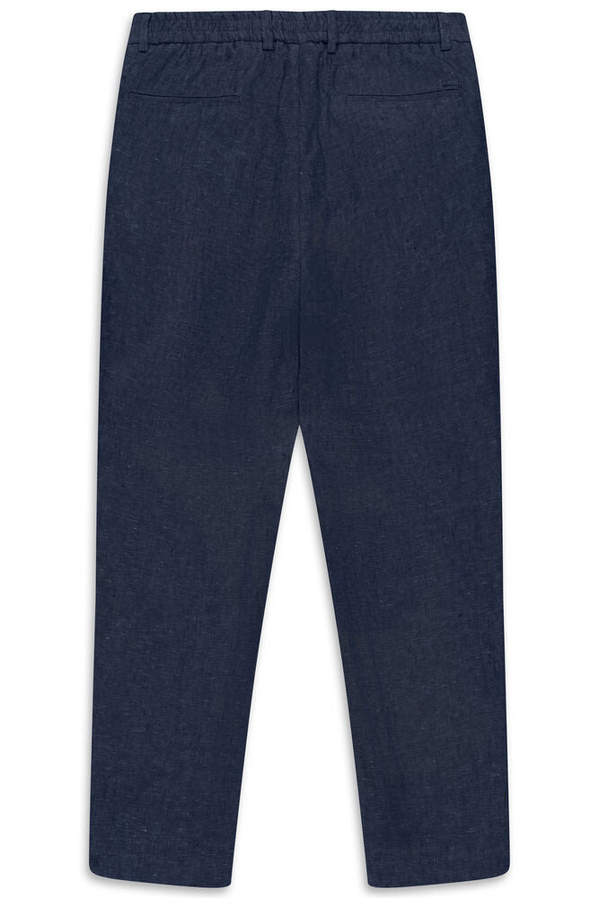 Dark blue trousers, back view, with an elasticated waistband, belt loops, and two back welt pockets. Textured fabric.